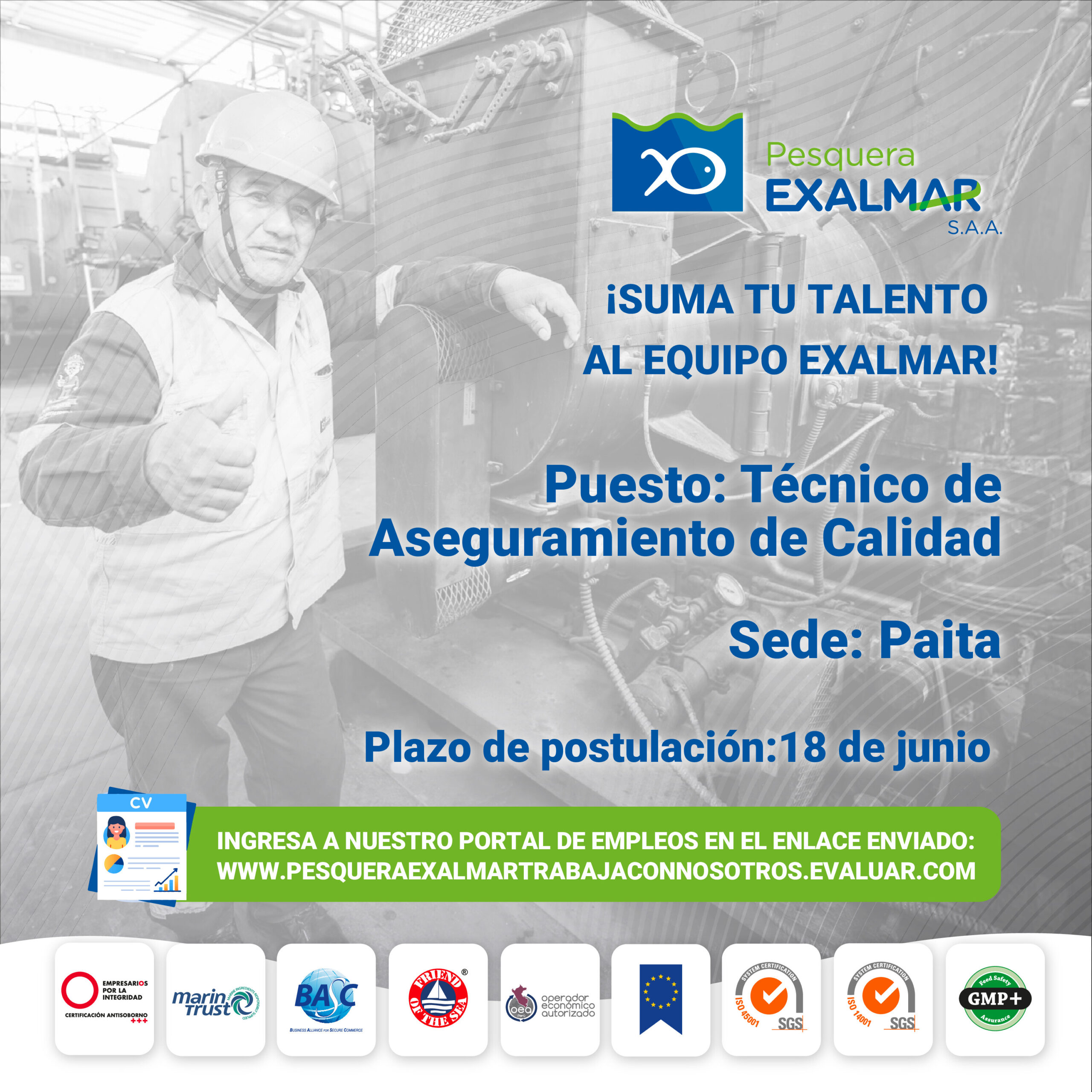 Esta es tu oportunidad para unirte al equipo de Exalmar!