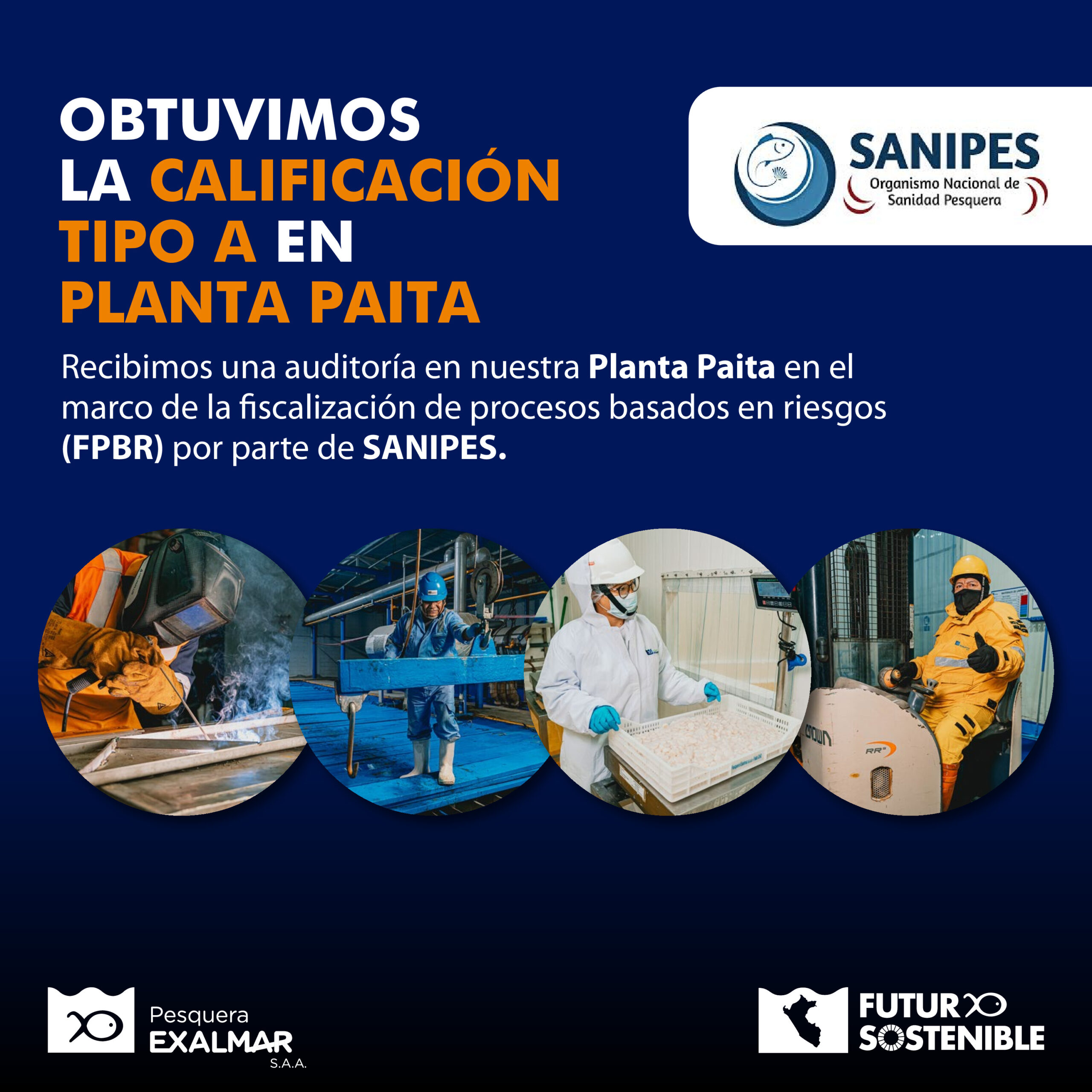 Nuestra Planta Paita obtuvo la Calificación Tipo A, el más alto reconocimiento otorgado por SANIPES, tras una auditoría en el marco de la fiscalización de procesos basados en riesgos (FPBR).